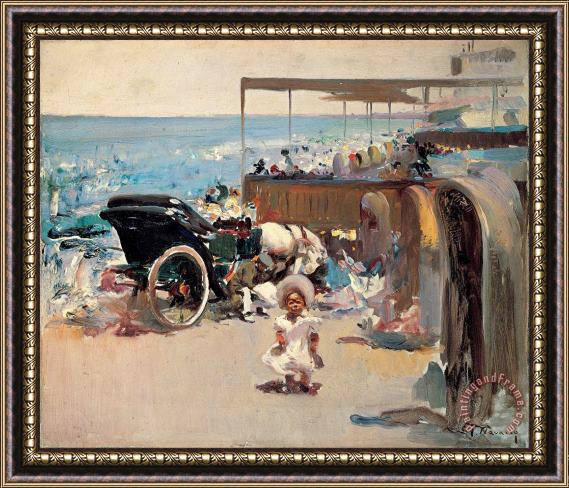 Jose Navarro Llorens Horse Drawn Carriage And Child on The Beach Framed Print