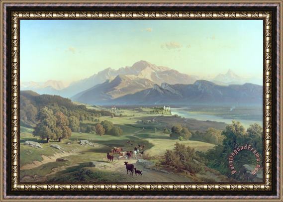 Josef Mayburger Drover on Horseback with his Cattle in a Mountainous Landscape with Schloss Anif Salzburg and beyond Framed Print