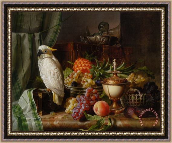 Josef Schuster A Cockatoo Grapes Figs Plums a Pineapple And a Peach Framed Painting