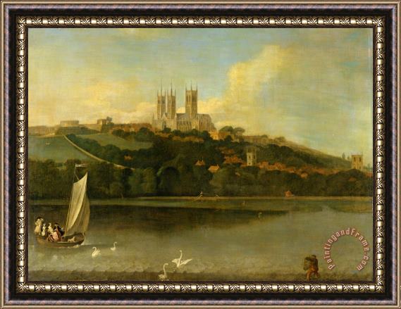 Joseph Baker of Lincoln A View of The Cathedral And City of Lincoln From The River Framed Painting
