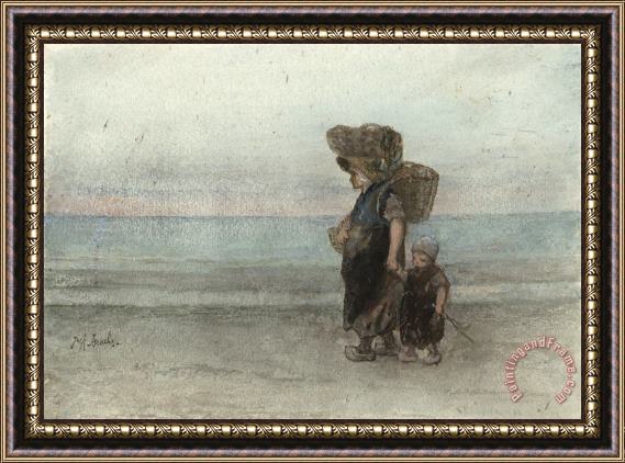 Jozef Israels Vrouw Met Kind, Lopend Over Het Strand Framed Painting