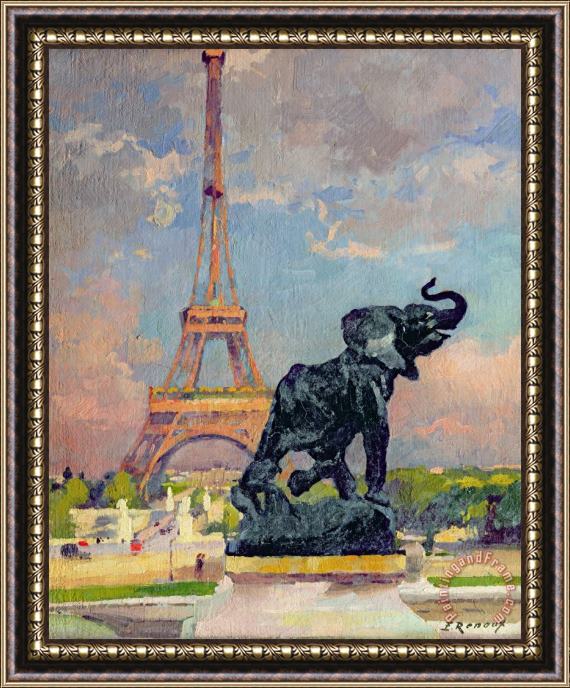 Jules Ernest Renoux The Eiffel Tower and the Elephant by Fremiet Framed Print