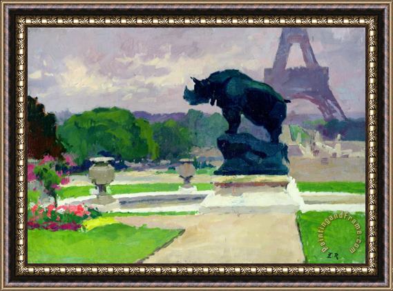 Jules Ernest Renoux The Trocadero Gardens And The Rhinoceros by Jacquemart (oil on Canvas) Framed Print