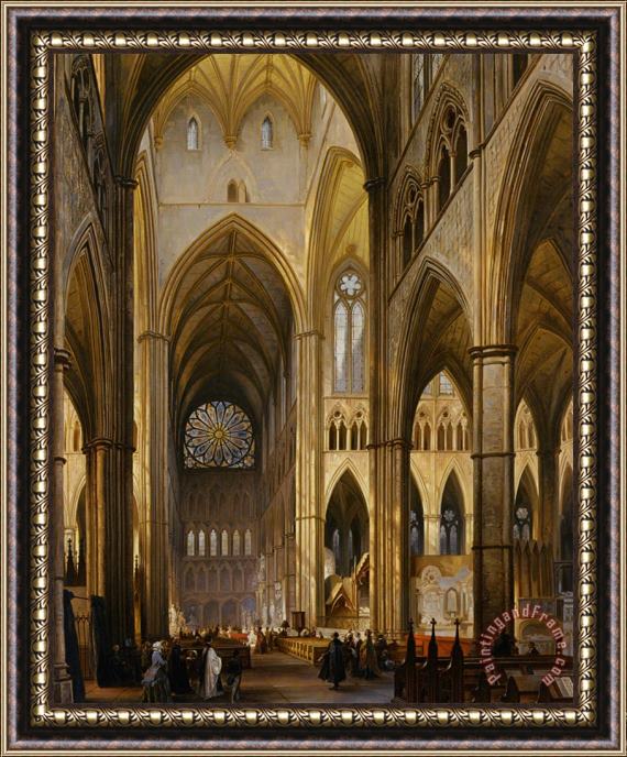 Jules Victor Genisson Figures in The Interior of a Cathedral Framed Painting