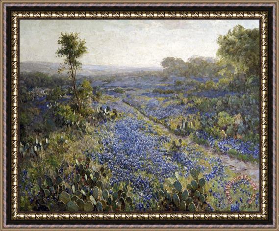Julian Onderdonk Field of Texas Bluebonnets And Prickly Pear Cacti Framed Painting