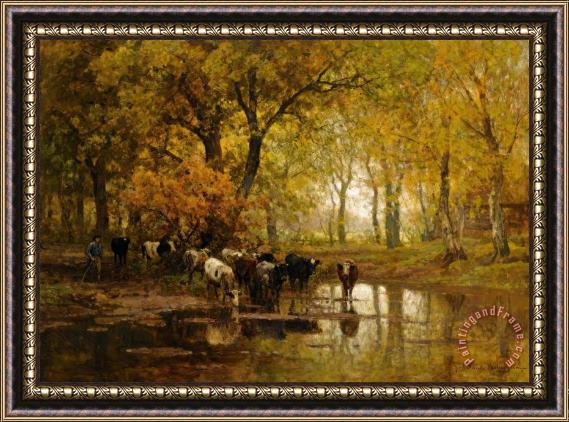 Julius Jacobus Van De Sande Bakhuyzen Watering Cows in a Pond Framed Painting