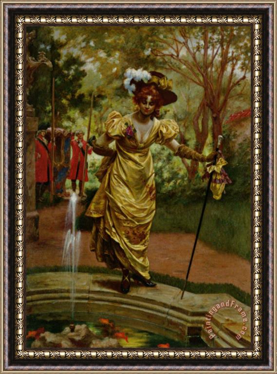 Karl Gampenrieder An Elegant Lady by a Goldfish Pond Framed Print