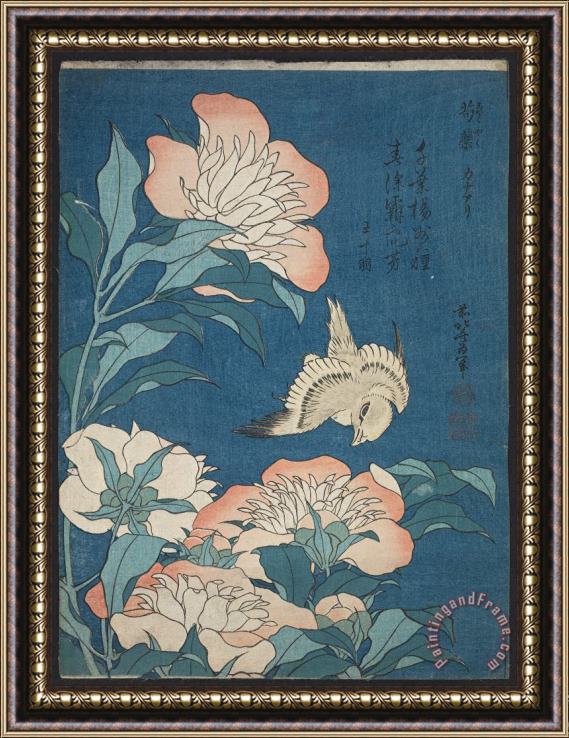 Katsushika Hokusai Peonies And Canary Framed Painting