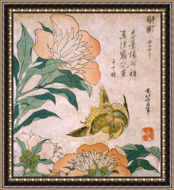 Katsushika Hokusai Peony And Canary Framed Print