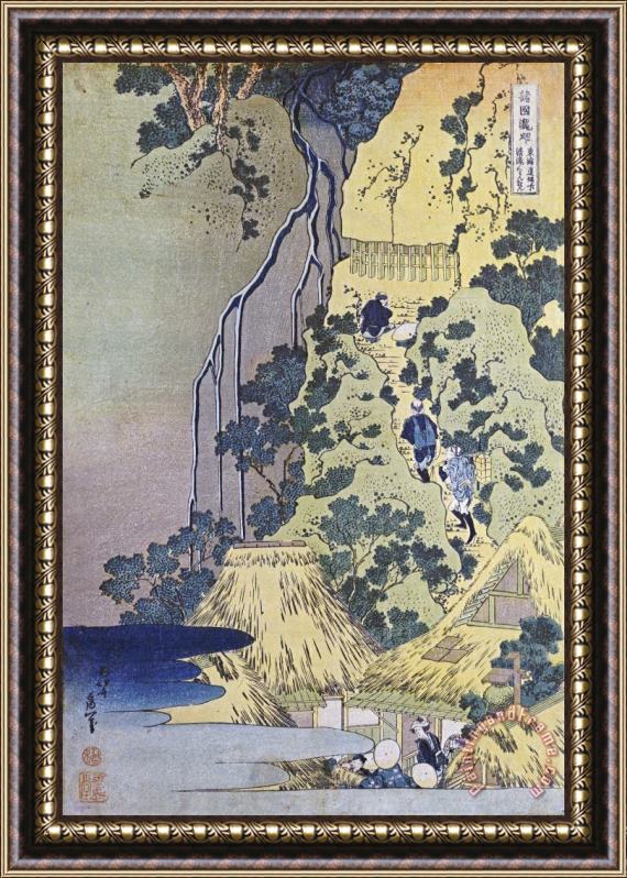 Katsushika Hokusai Travellers Climbing Up a Steep Hill Framed Print