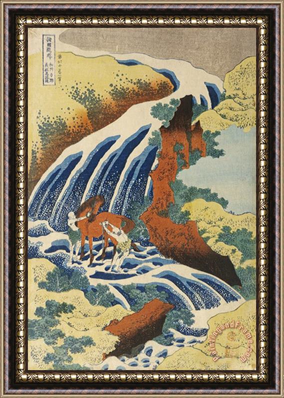 Katsushika Hokusai Two Men Washing a Horse in a Waterfall Framed Painting