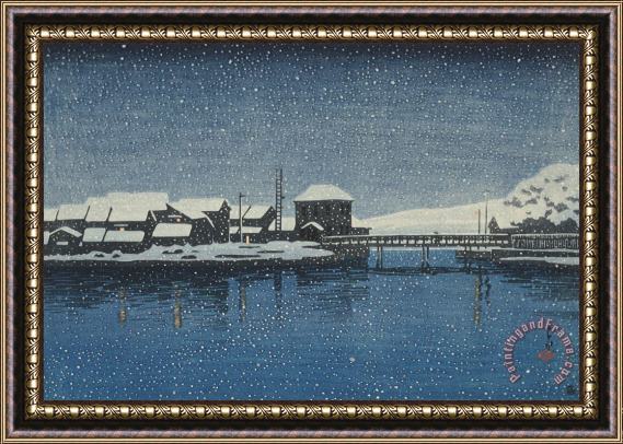 Kawase Hasui Evening Snow at Ebisu Port (sado Ebisu Minato), From The Series Souvenirs of Travels, Second Series (tabi Miyage, Dai Ni Shu) Framed Print