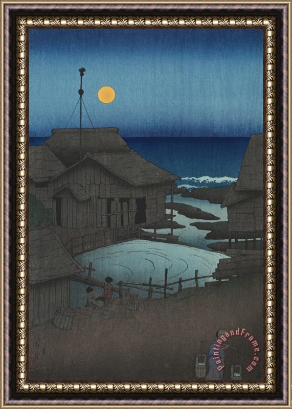 Kawase Hasui Full Moon at Mutsu (mutsu, Mishima Gawa), From The Series Souvenirs of Travels, First Series (tabi Miyage, Dai Isshu) Framed Painting