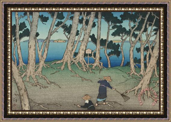 Kawase Hasui Raking Pine Needles at Katsura Jima, Matsushima (matsushima Katsura Jima), From The Series Souvenirs of Travels, First Series (tabi Miyage, Dai Isshu) Framed Painting