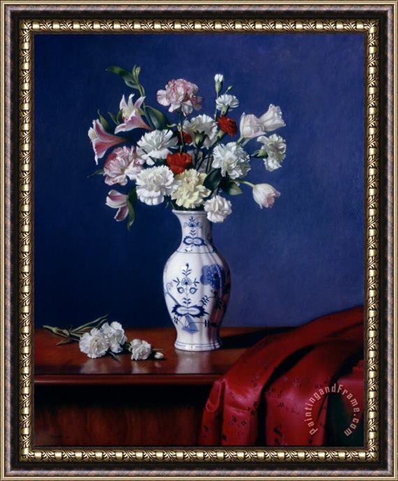 Kirk Richards Mixed Bouqet in a Blue Danube Vase Framed Painting