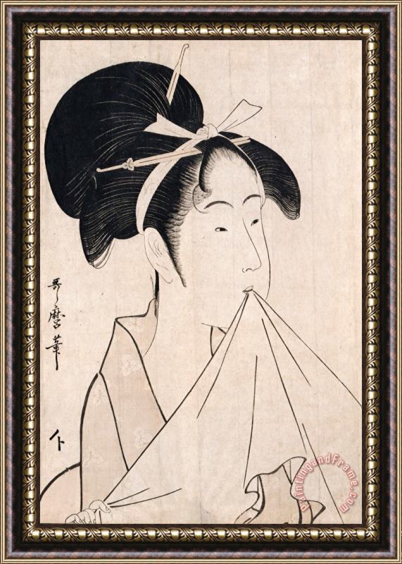 Kitagawa Utamaro A Bust Portrait of Okita of The Naniwaya Holding a Hand Towel in Her Teeth And Stretching The Cloth Framed Painting