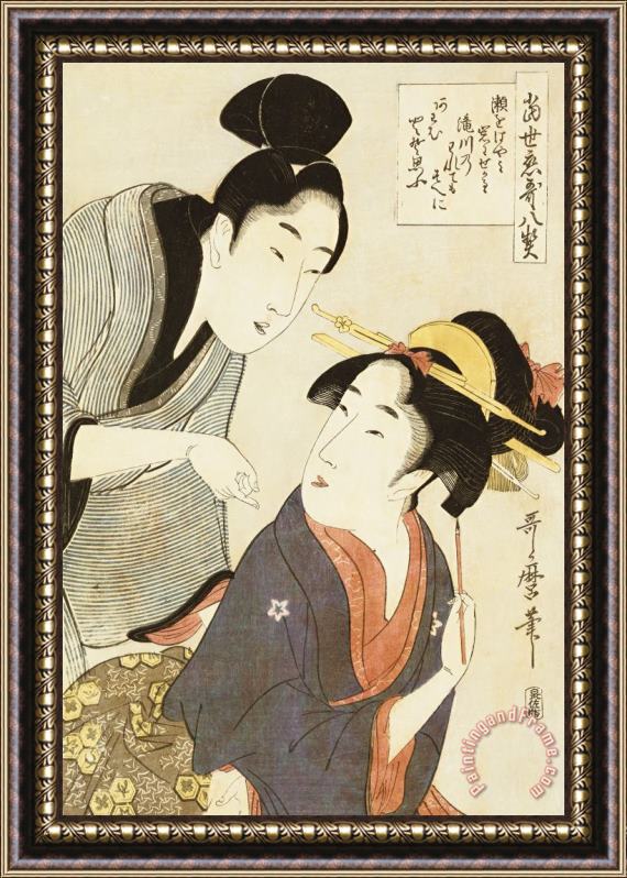 Kitagawa Utamaro A Double Half Length Portrait Of A Beauty And Her Admirer Framed Painting