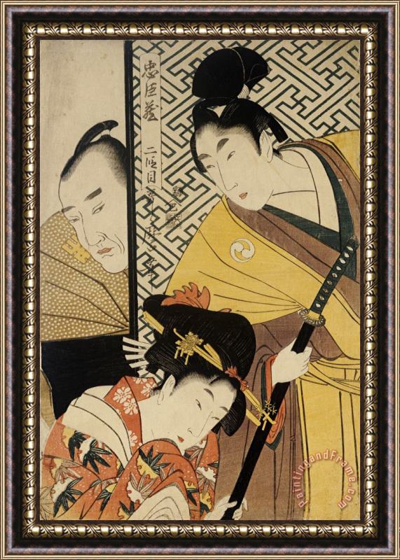Kitagawa Utamaro Act II of Chushingura, The Young Samurai Rikiya, with Konami, Honzo Partly Hidden Behind The Door Framed Print
