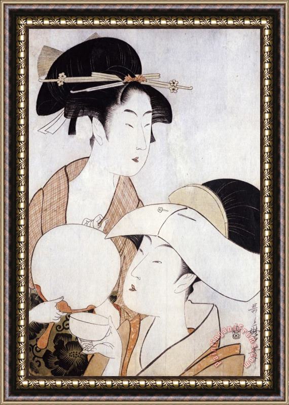 Kitagawa Utamaro Bust Portrait of Two Women, One Holding a Fan, The Other with a Head Cover Holding a Tea Cup Framed Painting