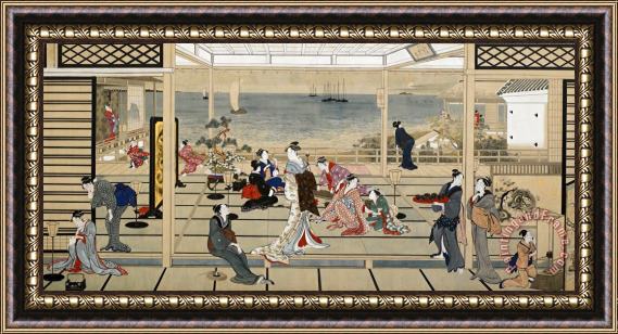 Kitagawa Utamaro Moonlight Revelry at Dozo Sagami Framed Print