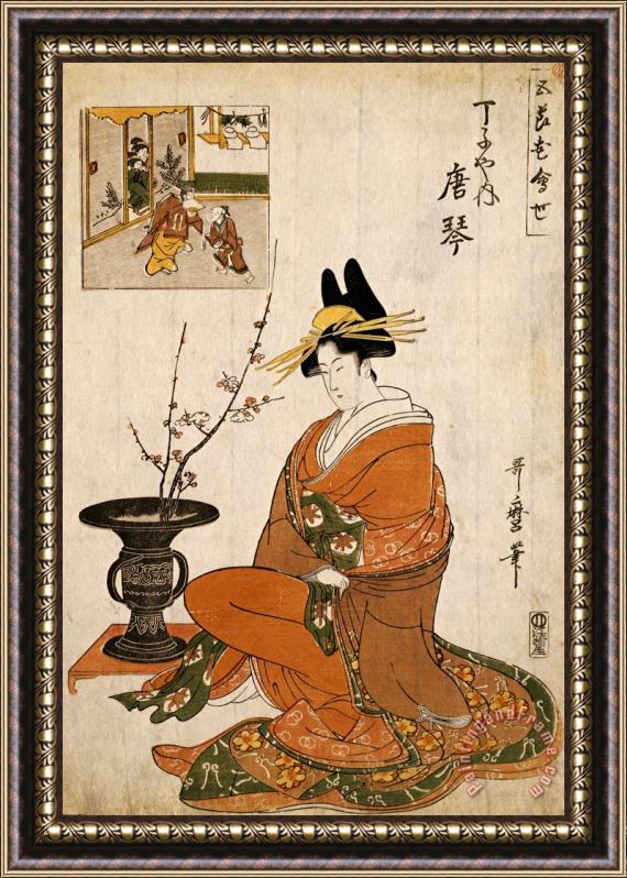 Kitagawa Utamaro The Courtesan Karakoto of The Chojiya Seated by an Arrangement of Plum Flowers Framed Painting