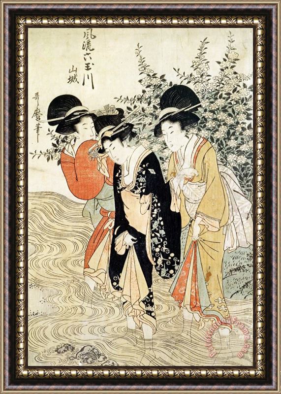 Kitagawa Utamaro Three girls paddling in a river Framed Print