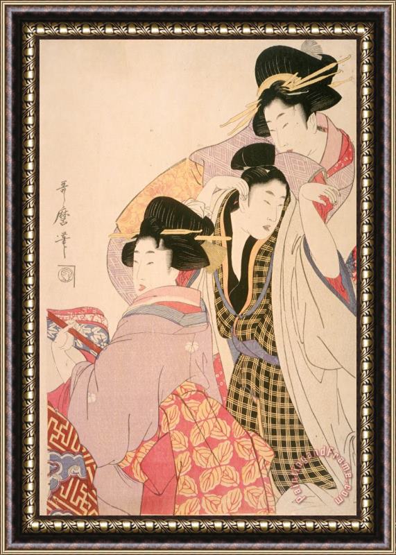 Kitagawa Utamaro Two Geishas And a Tipsy Client Framed Painting