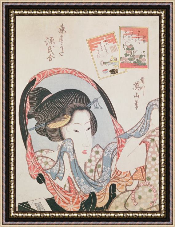 Kitugawa Eizan Woman At Her Mirror Framed Painting