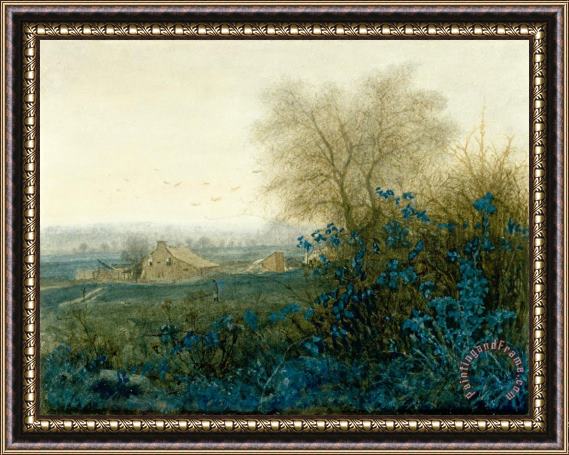 Leon Bonvin Landscape with a Farmhouse And a Peasant Wheeling a Barrow Framed Painting
