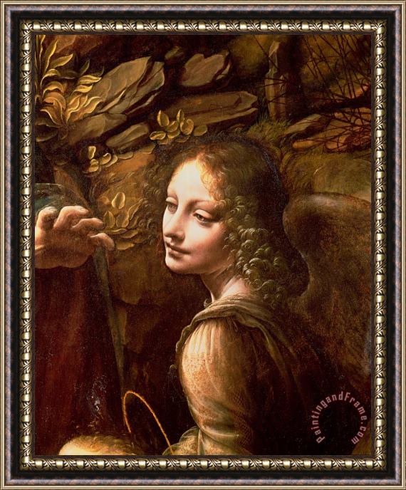 Leonardo Da Vinci Detail of the Angel from The Virgin of the Rocks Framed Painting
