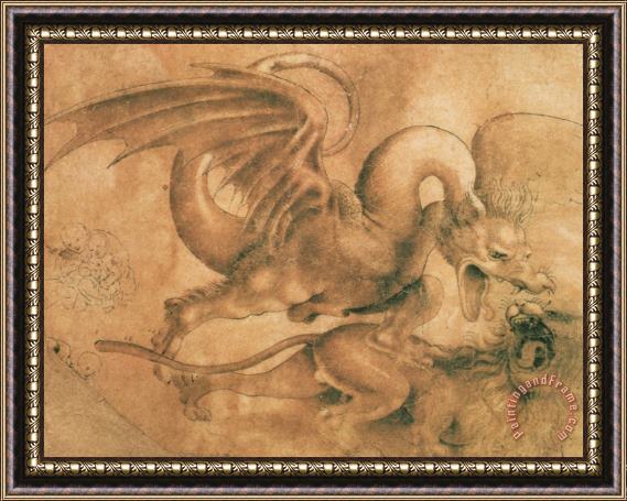Leonardo da Vinci Fight Between A Dragon And A Lion Framed Painting