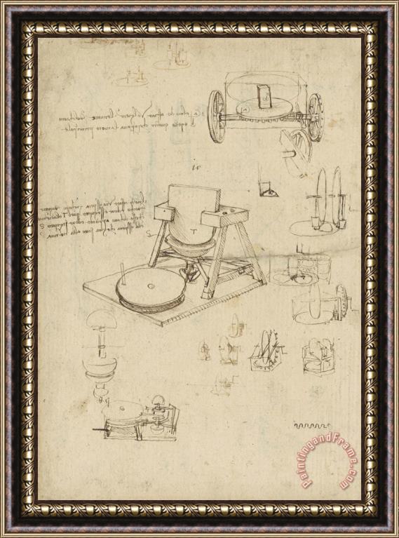 Leonardo da Vinci Polishing Machine Formed By Two Wheeled Carriage From Atlantic Codex Framed Painting