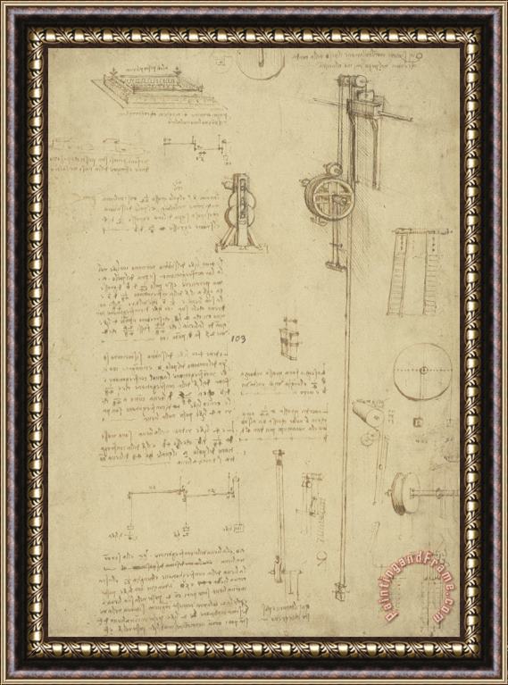 Leonardo da Vinci Study And Calculations For Determining Friction Drawing With Notes On Gardens Of Milanese Palace Framed Painting