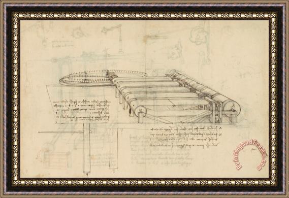 Leonardo da Vinci Teaselling Machine To Manufacture Plush Fabric From Atlantic Codex Framed Painting