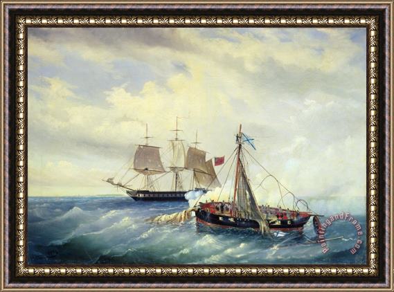 Leonid Demyanovich Blinov Battle between the Russian ship Opyt and a British frigate off the coast of Nargen Island Framed Painting