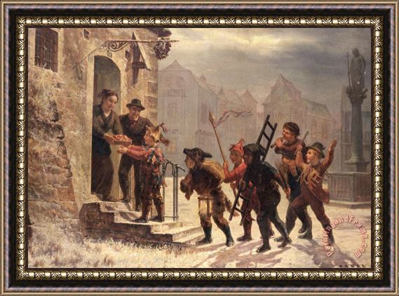 Leopold Til Children collecting fruit at the door Framed Print