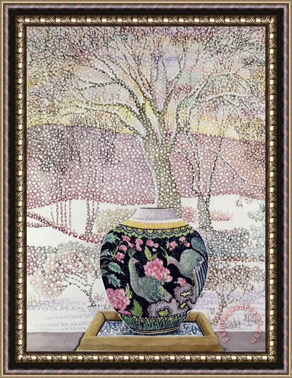 Lillian Delevoryas Large Ginger Jar In Snowstorm Framed Painting