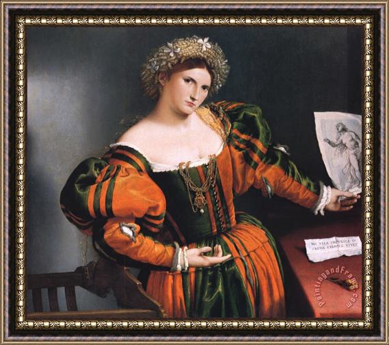 Lorenzo Lotto Portrait of a Lady with a Picture of The Suicide of Lucretia Framed Painting