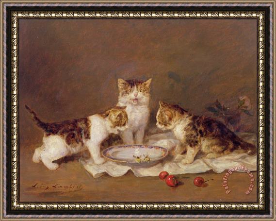 Louis Eugene Lambert Three cats - red cherries and bees Framed Painting