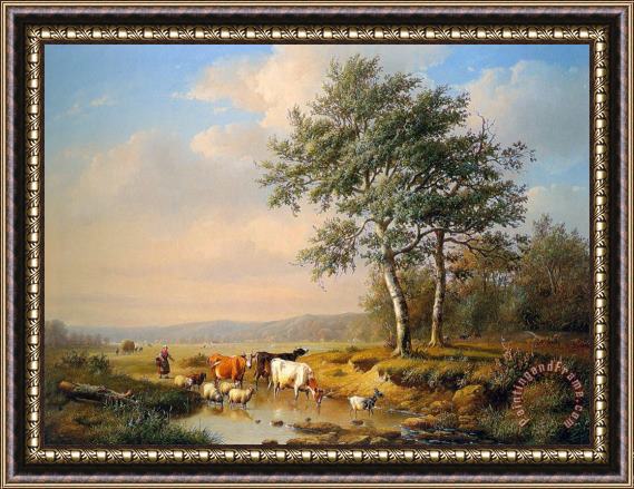 Louis Pierre Verwee An Extensive Landscape with Cattle Watering Framed Painting
