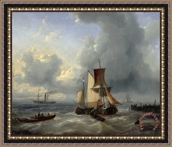 Louis Verboeckhoven Shipping off a Jetty Framed Painting