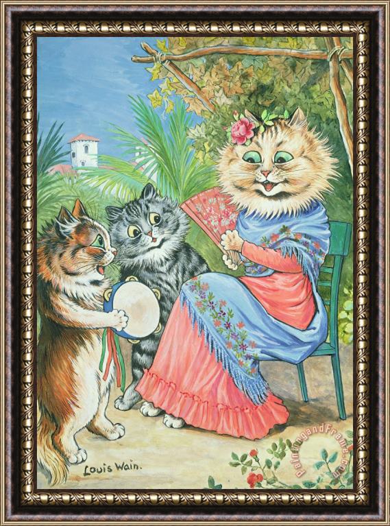 Louis Wain Mother cat with fan and two kittens Framed Print