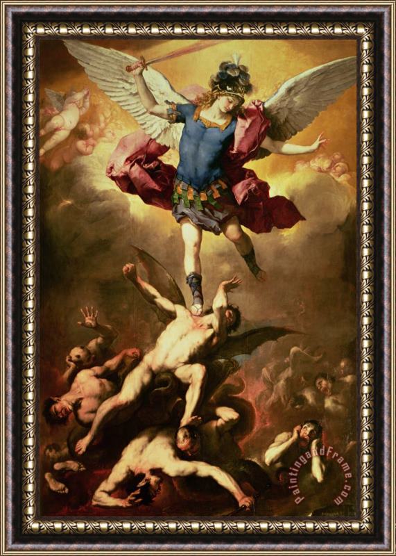 Luca Giordano Archangel Michael overthrows the rebel angel Framed Painting