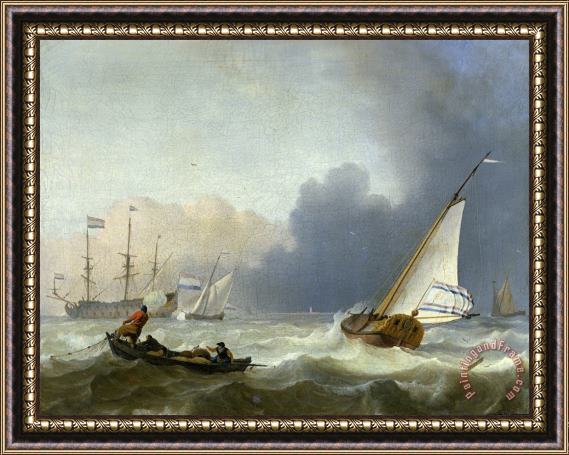 Ludolf Backhuysen Rough Sea with a Dutch Yacht Under Sail Framed Painting