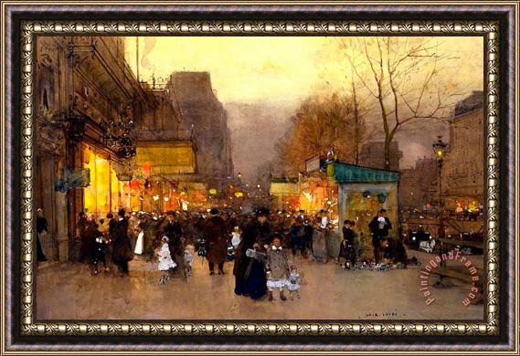 Luigi Loir Porte St Martin at Christmas Time in Paris Framed Painting