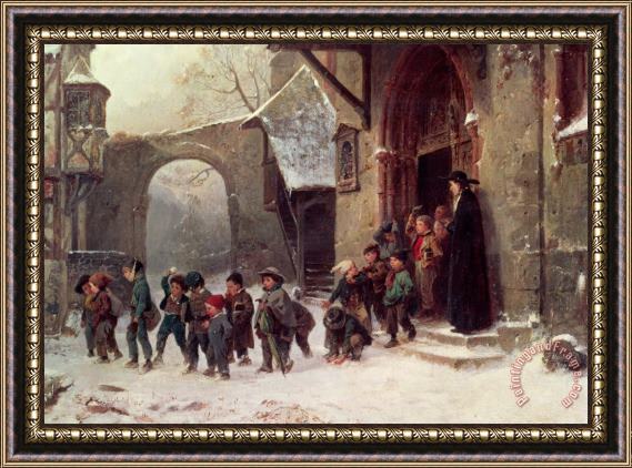 Marc Louis Benjamin Vautier Snow Scene Children Leaving School Framed Painting