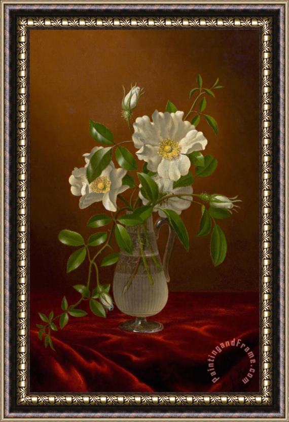 Martin Johnson Heade Cherokee Roses in a Glass Vase Framed Print