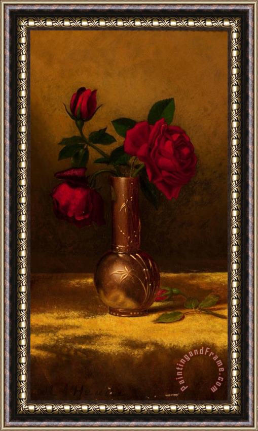 Martin Johnson Heade Red Roses in a Japanese Vase on a Gold Velvet Cloth 2 Framed Painting