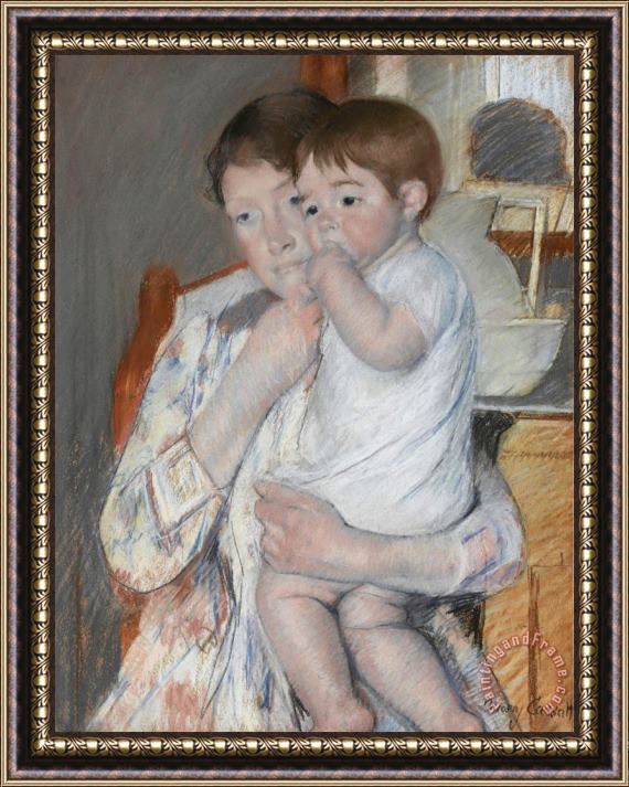Mary Cassatt Femme Et Enfant Devant Une Tablette Ou Sont Poses Un Broc Et Une Cuvette (woman And Child in Front of a Small Table Bearing a Wash Basin And Pitcher) Framed Painting