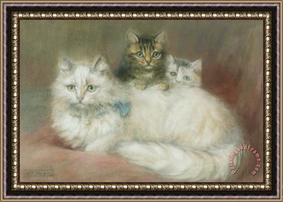Maud D Heaps A Persian Cat and Her Kittens Framed Painting